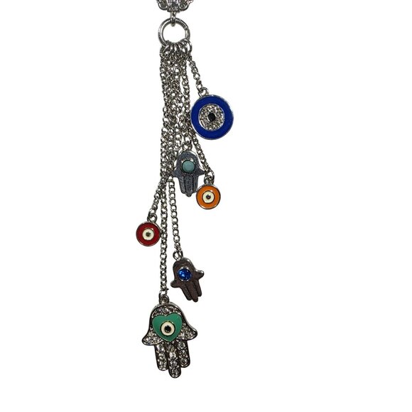 Silver tone Necklace Hamsa Hand Evil Eye Charms Adjustable Lobster Clasp Boho - Picture 1 of 4